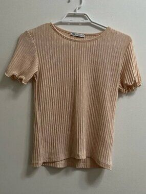 Zara Ribbed Knit Lettuce Edge Tee M